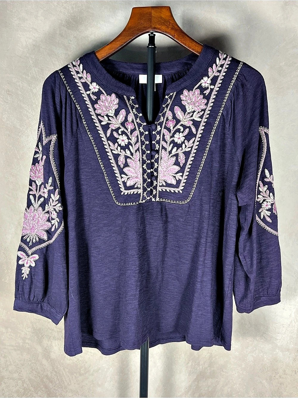 J. Jill Petite Purple Floral Embroidered Boho 3/4 Sleeve Top